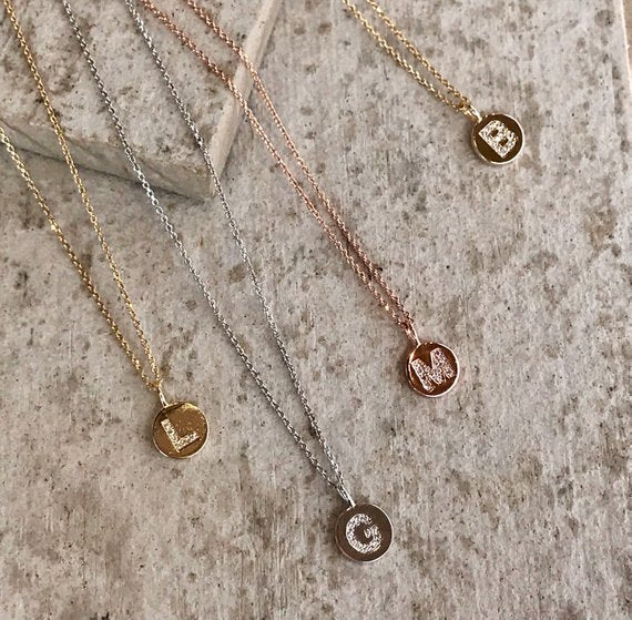 Sterling Silver Initial Necklace. CZ Letter Necklace. Initial Coin Letter Necklace. Silver, Gold, Rosegold plated over 92.5 sterling silver