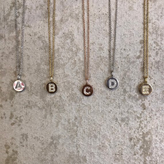 Sterling Silver Initial Necklace. CZ Letter Necklace. Initial Coin Letter Necklace. Silver, Gold, Rosegold plated over 92.5 sterling silver