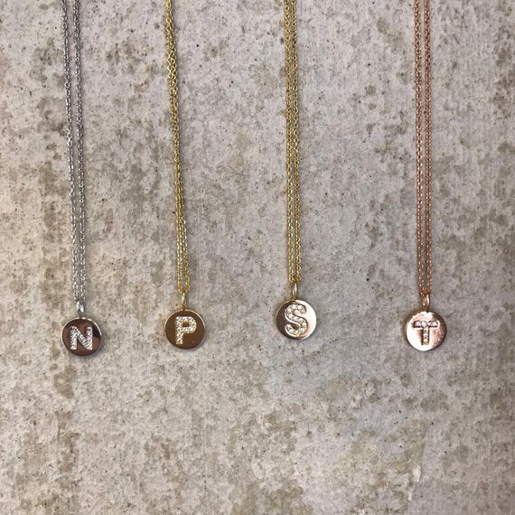 Sterling Silver Initial Necklace. CZ Letter Necklace. Initial Coin Letter Necklace. Silver, Gold, Rosegold plated over 92.5 sterling silver
