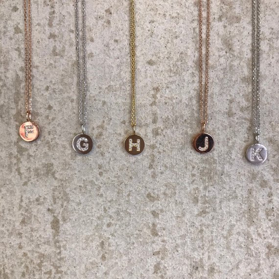 Sterling Silver Initial Necklace. CZ Letter Necklace. Initial Coin Letter Necklace. Silver, Gold, Rosegold plated over 92.5 sterling silver