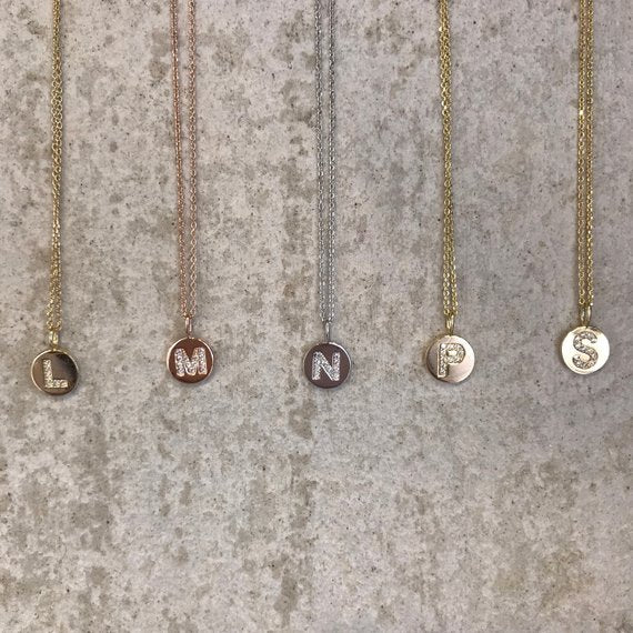 Sterling Silver Initial Necklace. CZ Letter Necklace. Initial Coin Letter Necklace. Silver, Gold, Rosegold plated over 92.5 sterling silver