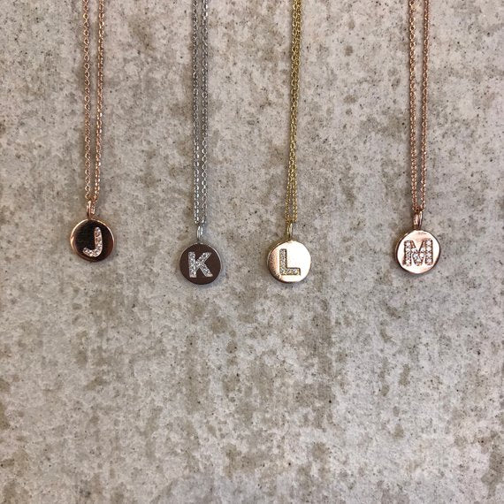 Sterling Silver Initial Necklace. CZ Letter Necklace. Initial Coin Letter Necklace. Silver, Gold, Rosegold plated over 92.5 sterling silver