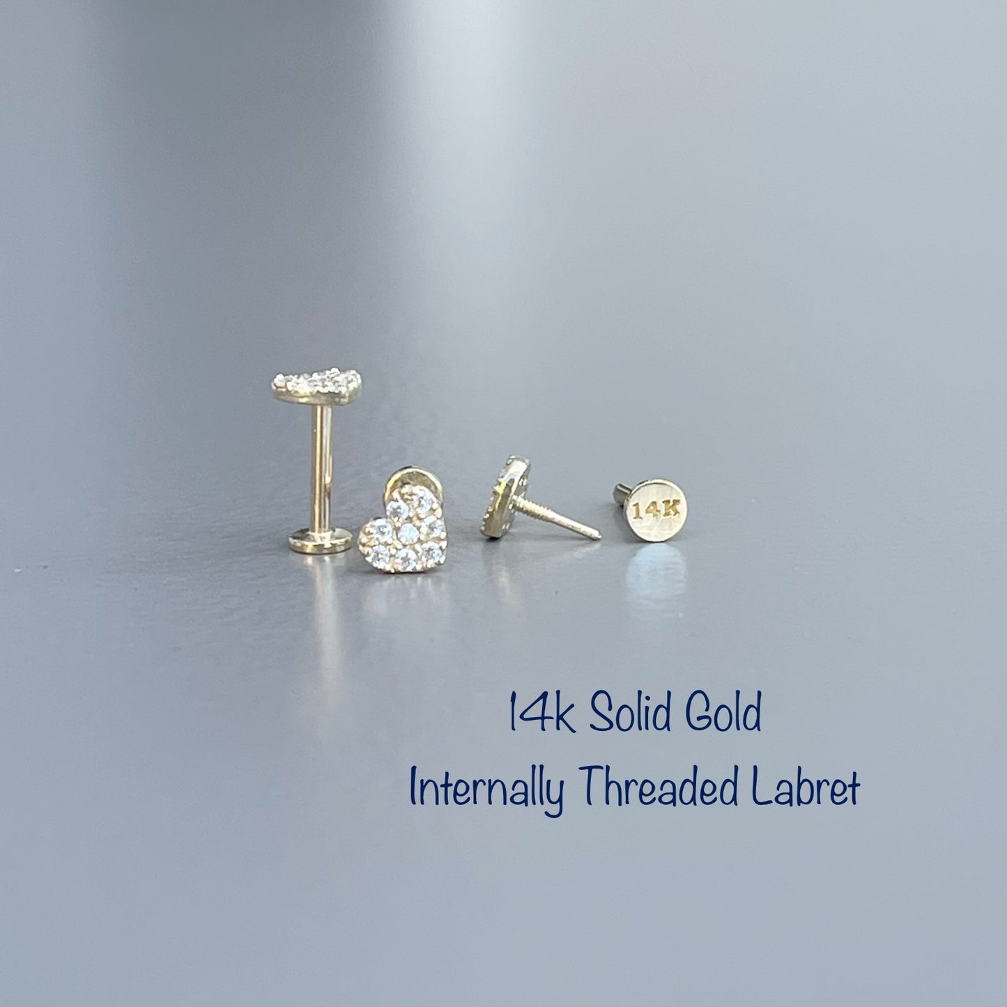 14k Solid Gold Full Paved CZ Heart Internally Threaded Labret