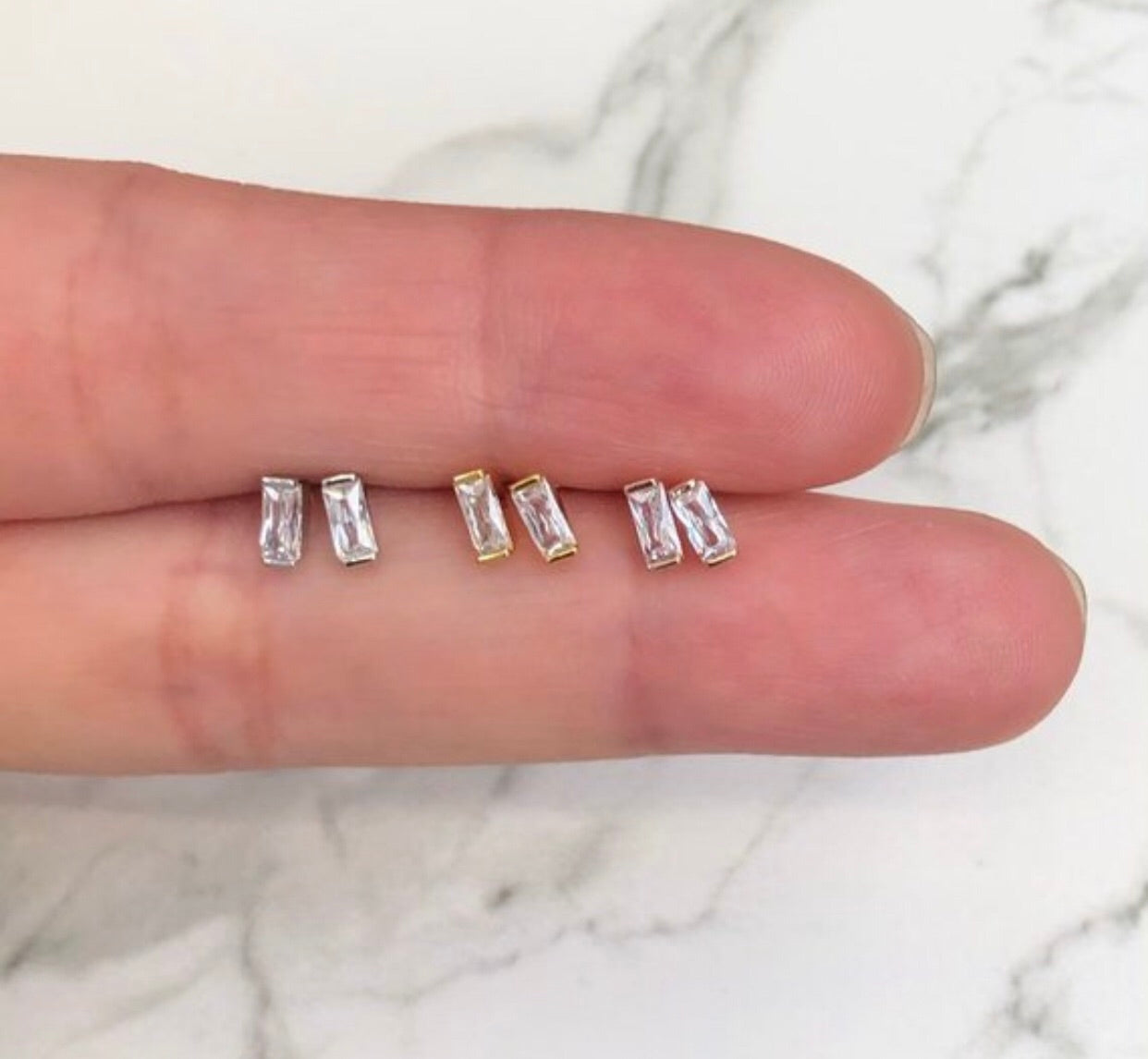 New-Tiny CZ Baguette Stud Earrings, Minimalist Earring Studs, Teeny ti –  eveandkus inc