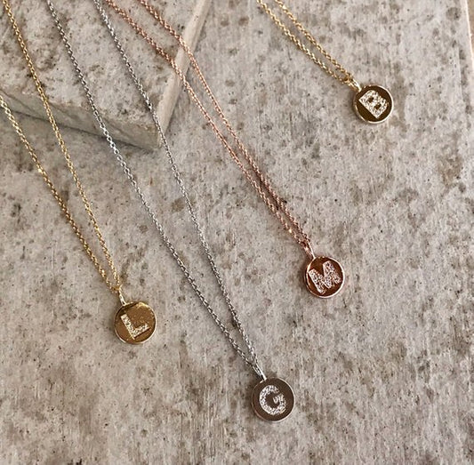 Sterling Silver Initial Necklace. CZ Letter Necklace. Initial Coin Letter Necklace. Silver, Gold, Rosegold plated over 92.5 sterling silver