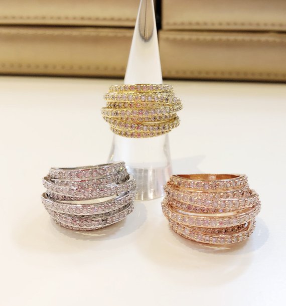 Multi-layered Cocktail Ring, High Quality Cubic Zirconia Statement Ring: Gold, Rosegold and Silver