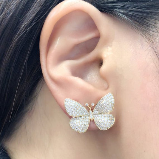 Gold Butterfly Earrings, Full Pave Gold Butterfly Earrings