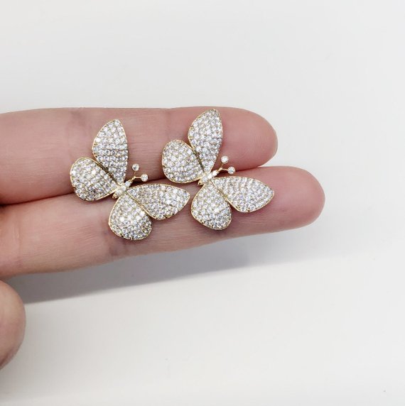 Gold Butterfly Earrings, Full Pave Gold Butterfly Earrings