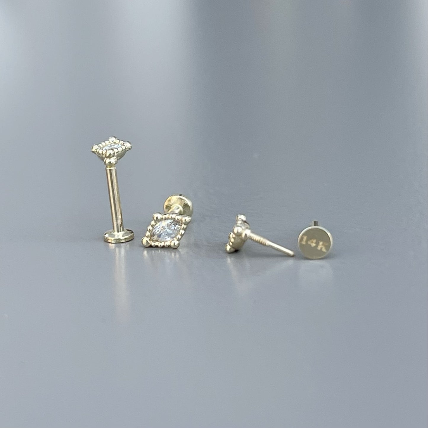 14k Solid Gold CZ Diamond Shape Boho Internally Threaded Labret