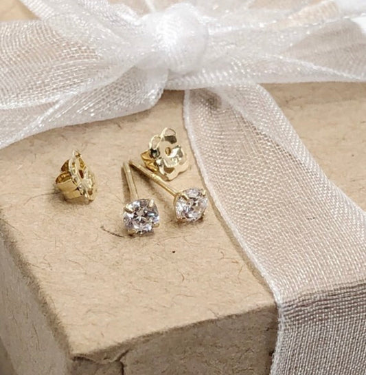 14K Solid Gold Tiny Clear CZ Stud Earrings, Cubic size 2mm/3mm/4mm/5mm - 14K Solid Gold