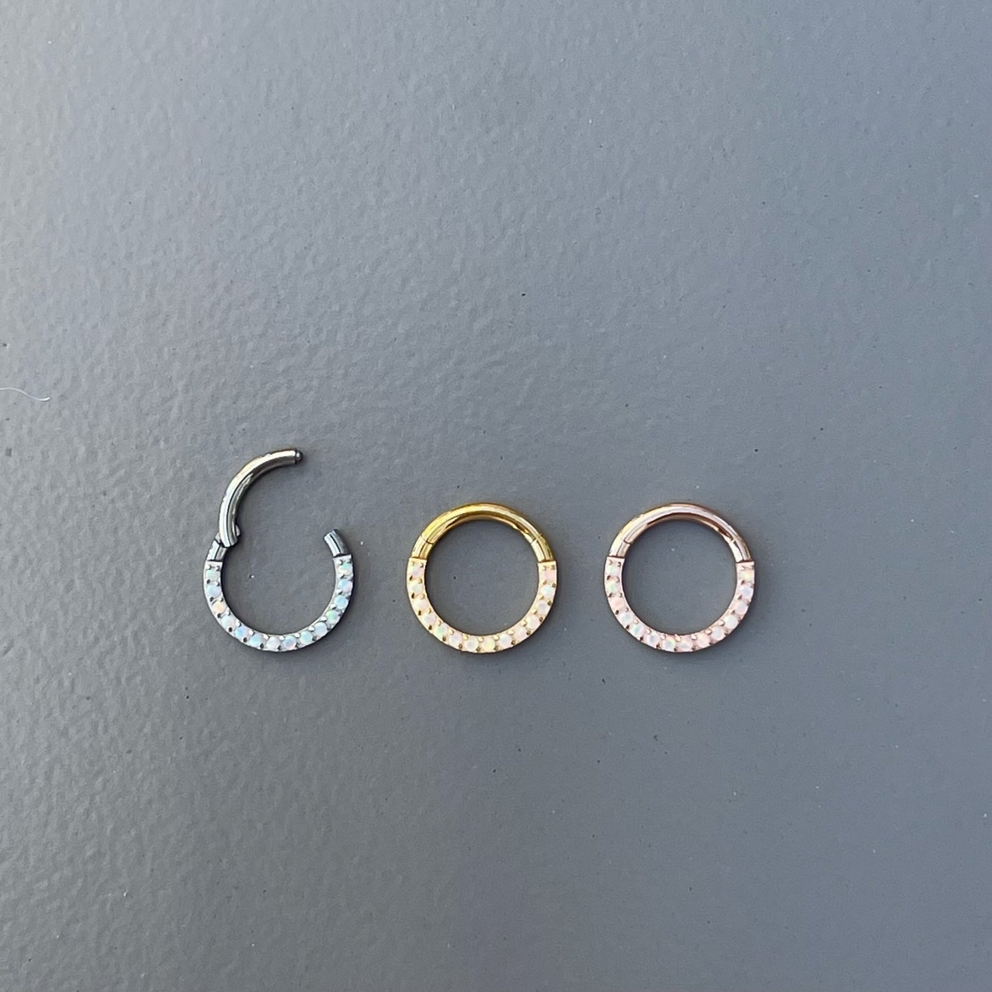 Implant Grade Titanium Hinged Segment Hoop Rings with Opal Paved Front, Septum, Daith clicker