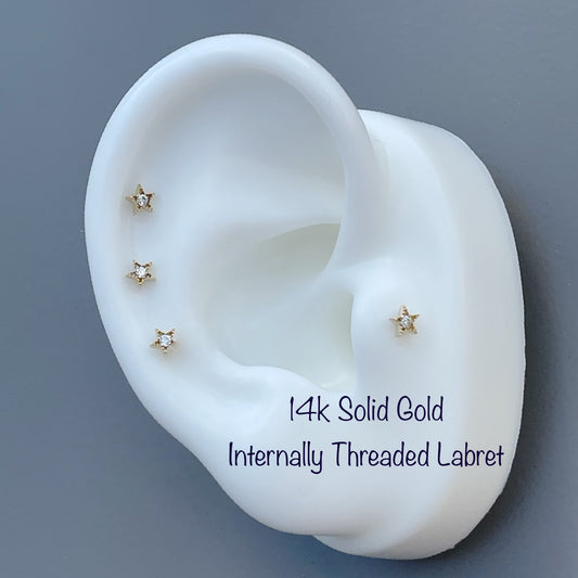 14k Solid Gold CZ Star Internally Threaded Labret