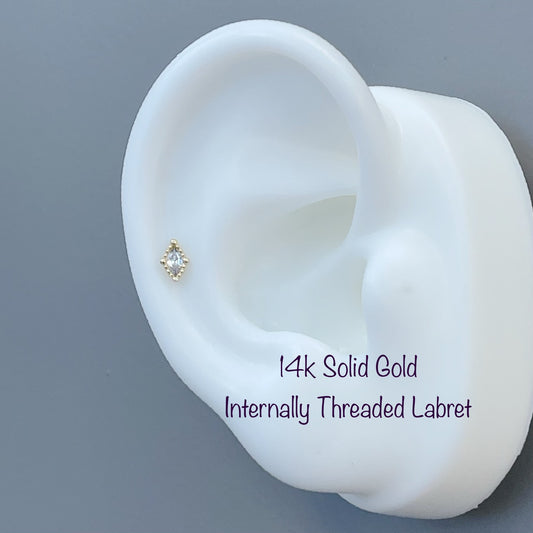 14k Solid Gold CZ Diamond Shape Boho Internally Threaded Labret