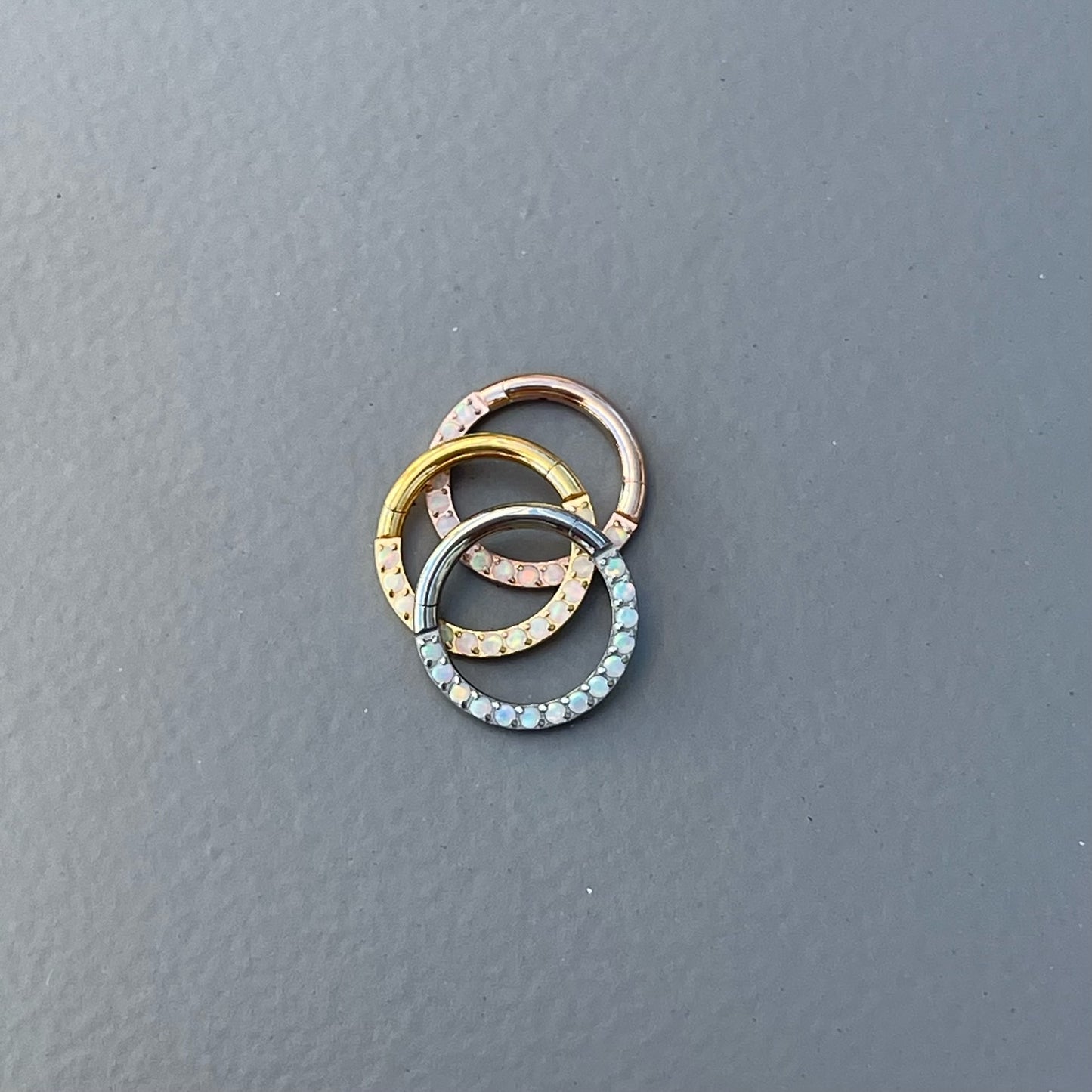 Implant Grade Titanium Hinged Segment Hoop Rings with Opal Paved Front, Septum, Daith clicker