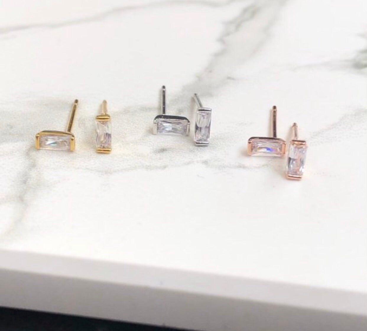 New-Tiny CZ Baguette Stud Earrings, Minimalist Earring Studs, Teeny tiny square studs, Emerald Cut CZ Diamond Earrings, Diamond Bar